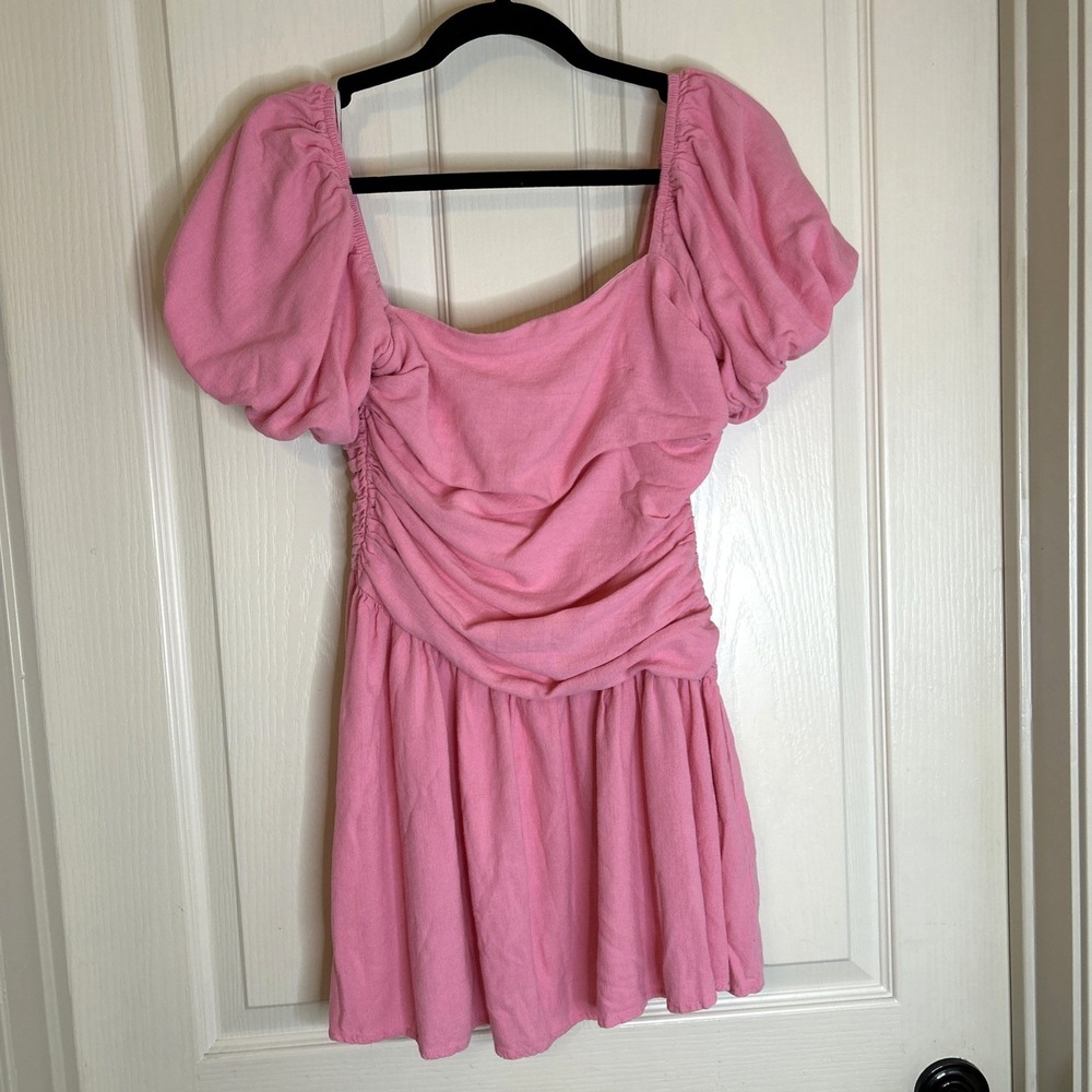 Hello Molly Women's Pink Solid Square Neck Puff Short Sleeve dress Size M